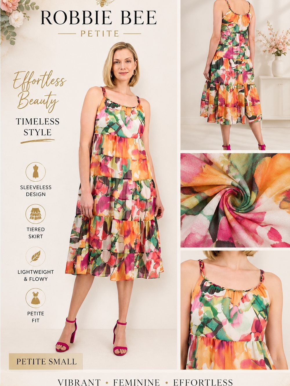 Robbie Bee Petite Printed Sleeveless Tiered Midi Dress Petite Small